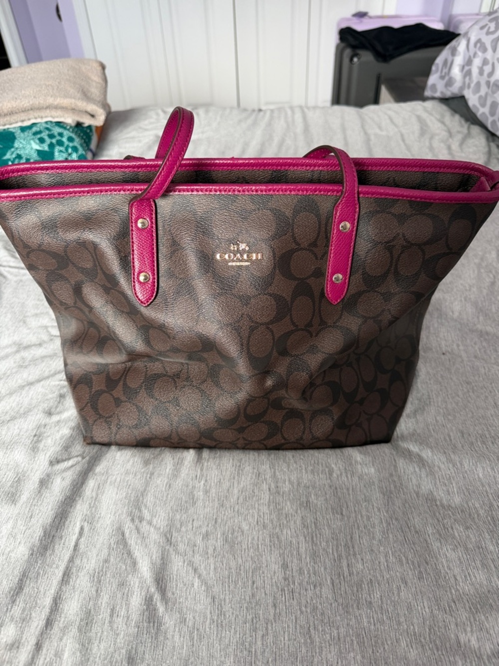 Coach Brown Signature Tote with Pink Trim and Handles